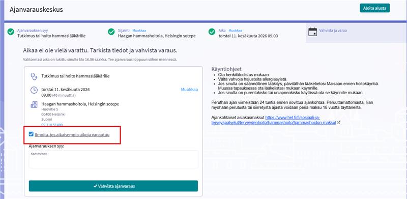 Kuvakaappaus, jossa näkyy, miten täytyy toimia, jos haluaa liittyä peruutusaikajonoon ajanvarauksen yhteydessä.