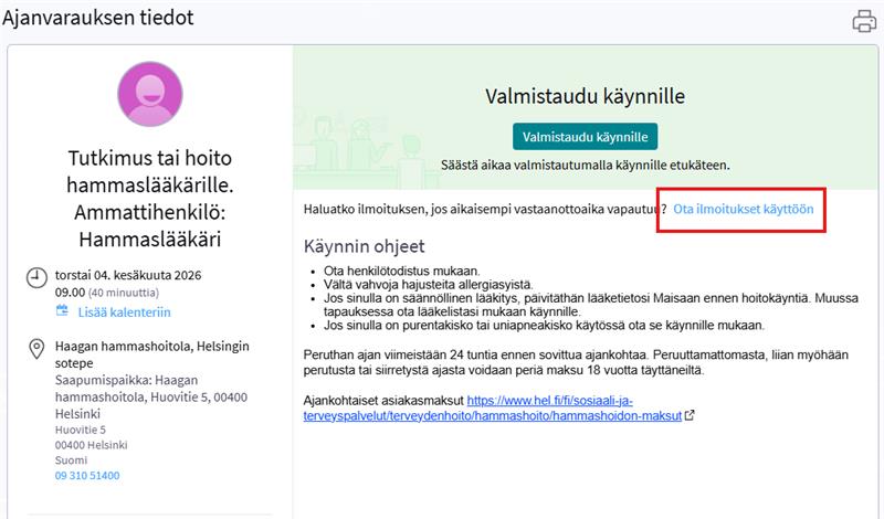 Kuvakaappaus, jossa näkyy, miten voit liittyä peruutusaikajonoon, kun sinulla on jo aika varattuna.