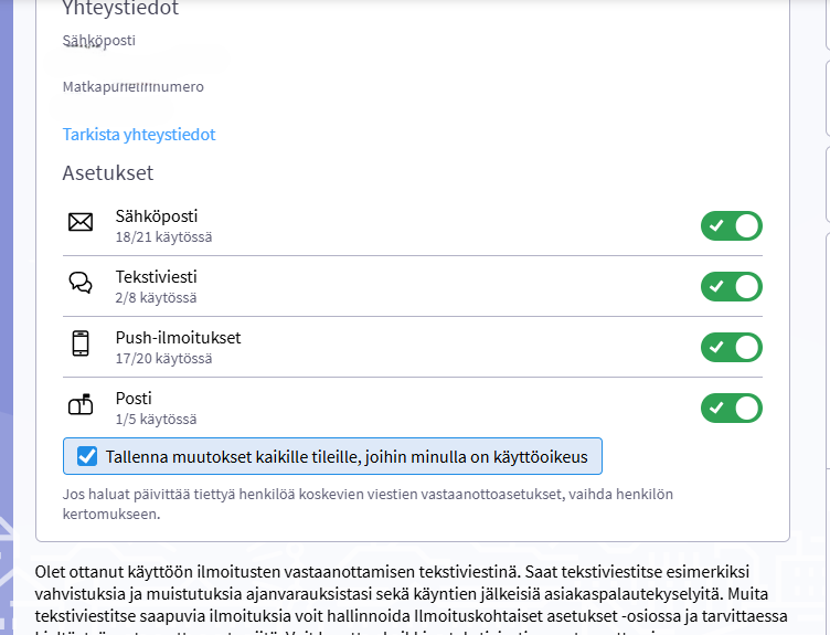 Näkymä oman Maisan ilmoitusasetuksiin, jossa voi määrittää kaikille puolesta-asioitaville samat asetukset.