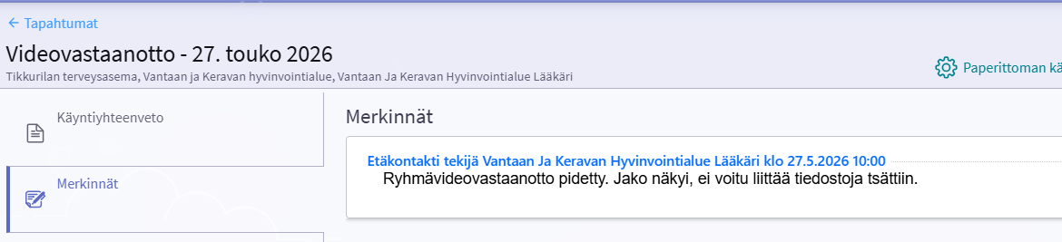 Kuvassa esimerkki siitä, miltä ammattilaisen kirjaama merkintä voi näyttää käyntiyhteenvedossa.